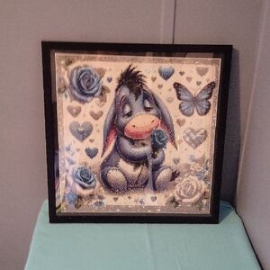 🆕️ Homemade Eeyore with blue roses and butterflies w/black frame 16x16